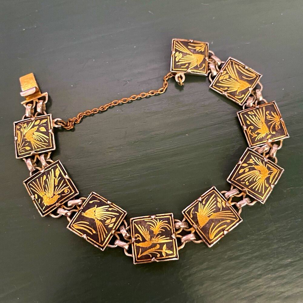VTG 1960s Damascene Bird Bracelet Link Japanese Inspired Black Gold Jewelry